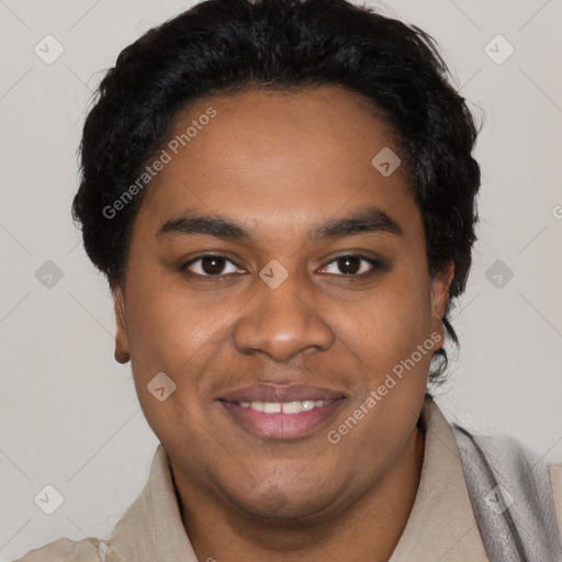 Joyful black young-adult male with short  black hair and brown eyes