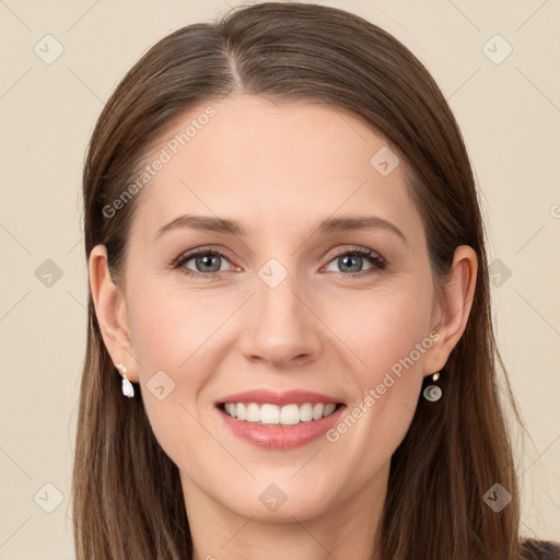 Joyful white young-adult female with long  brown hair and grey eyes