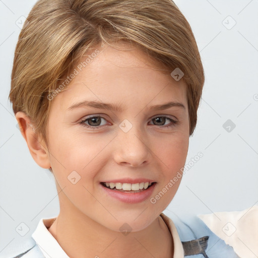 Joyful white child female with short  brown hair and brown eyes