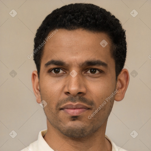 Neutral latino young-adult male with short  black hair and brown eyes