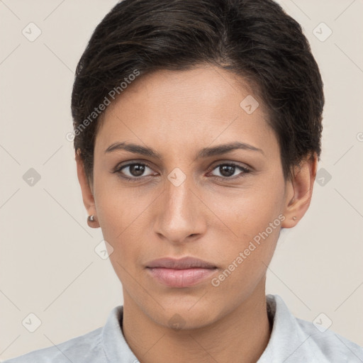 Neutral white young-adult female with short  brown hair and brown eyes