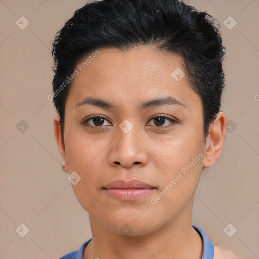 Joyful asian young-adult female with short  brown hair and brown eyes