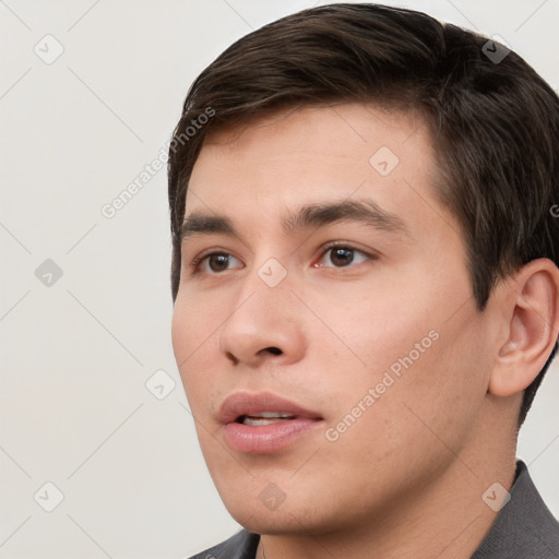 Neutral white young-adult male with short  brown hair and brown eyes