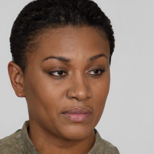 Neutral black young-adult female with short  brown hair and brown eyes