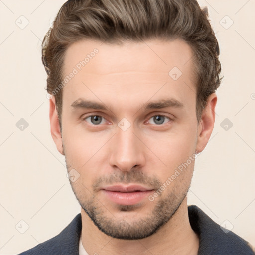 Neutral white young-adult male with short  brown hair and brown eyes