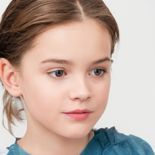 Neutral white child female with medium  brown hair and blue eyes