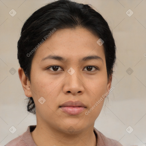 Neutral asian young-adult female with medium  brown hair and brown eyes