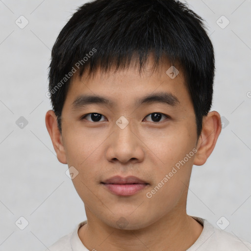 Neutral asian young-adult male with short  brown hair and brown eyes