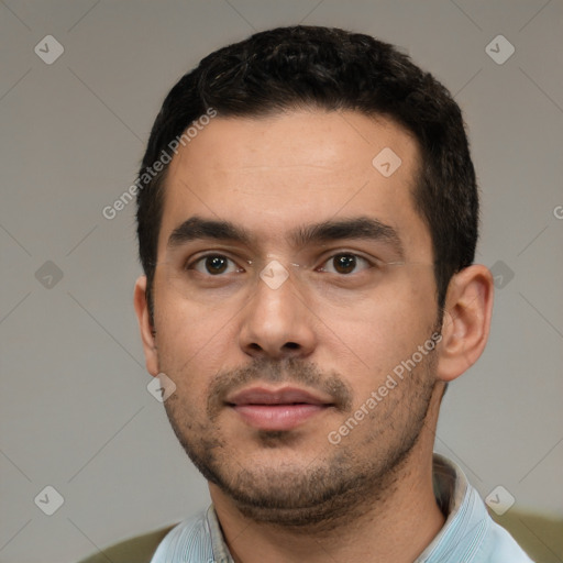 Neutral white young-adult male with short  black hair and brown eyes