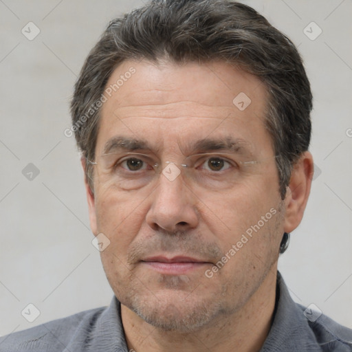 Neutral white middle-aged male with short  brown hair and brown eyes