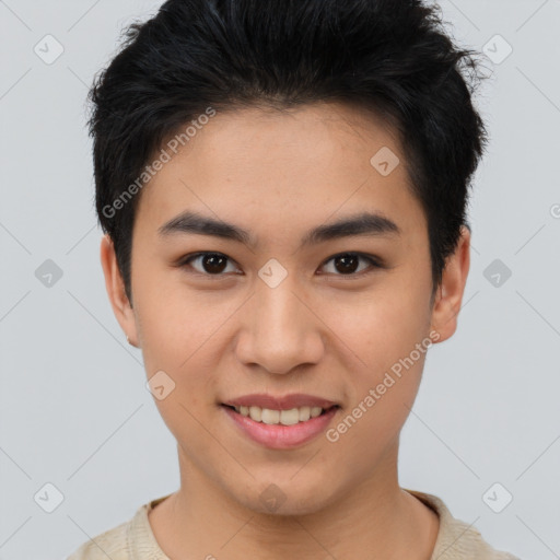 Joyful asian young-adult male with short  brown hair and brown eyes