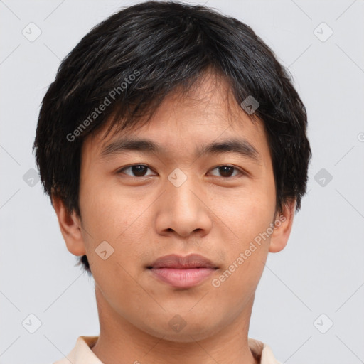 Neutral asian young-adult male with short  brown hair and brown eyes