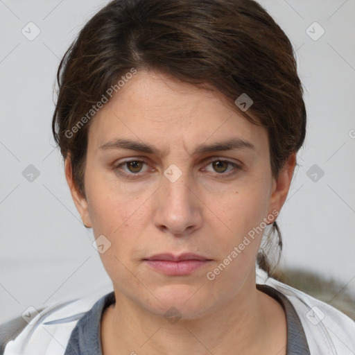 Neutral white young-adult female with short  brown hair and brown eyes