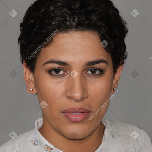 Joyful latino young-adult female with short  brown hair and brown eyes