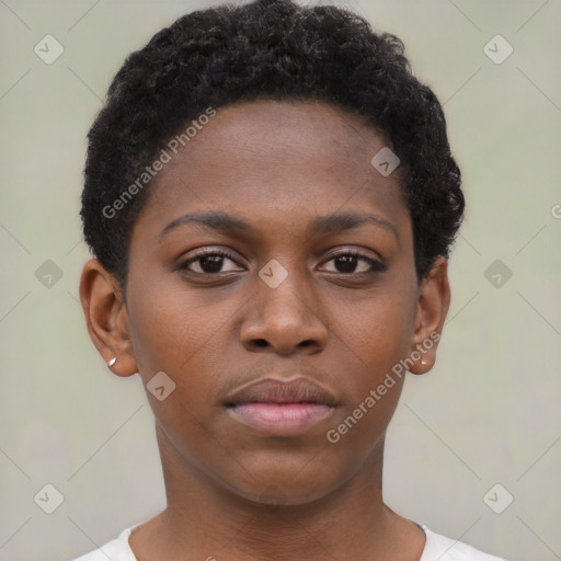 Neutral black young-adult female with short  brown hair and brown eyes