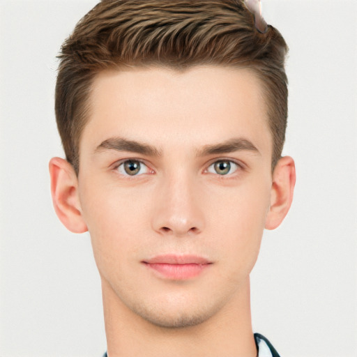 Neutral white young-adult male with short  brown hair and brown eyes