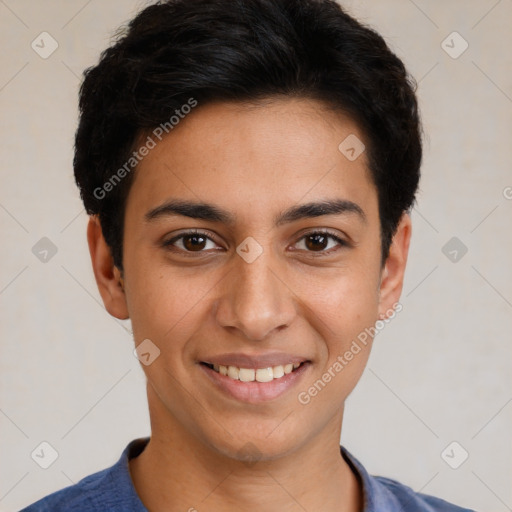 Joyful white young-adult male with short  black hair and brown eyes