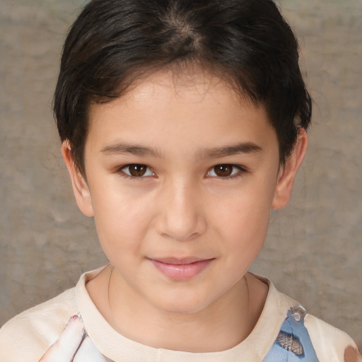 Joyful white child female with short  brown hair and brown eyes