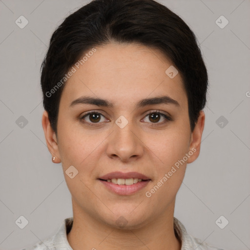 Joyful white young-adult female with short  brown hair and brown eyes