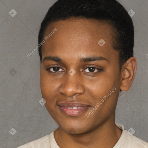 Joyful black young-adult male with short  black hair and brown eyes