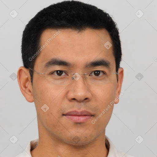 Neutral asian young-adult male with short  black hair and brown eyes