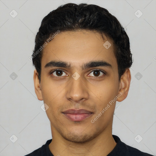Neutral latino young-adult male with short  black hair and brown eyes
