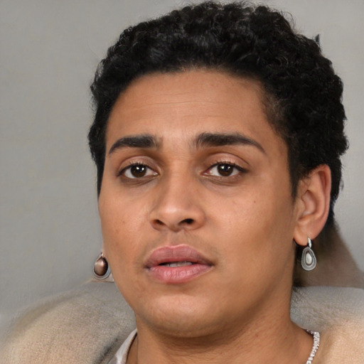 Neutral latino young-adult female with short  black hair and brown eyes