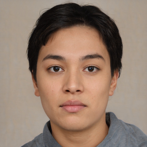 Neutral asian young-adult female with medium  black hair and brown eyes