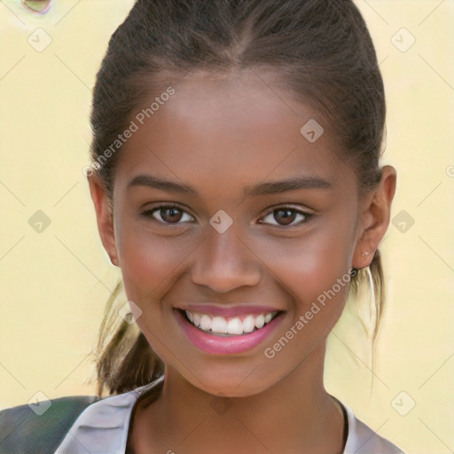 Joyful white child female with short  brown hair and brown eyes