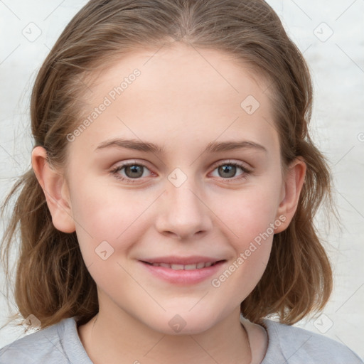 Joyful white child female with medium  brown hair and blue eyes