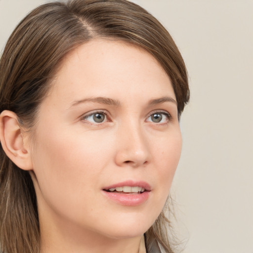 Neutral white young-adult female with long  brown hair and grey eyes