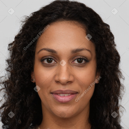 Joyful latino young-adult female with long  brown hair and brown eyes