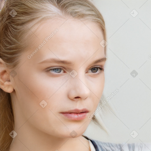 Neutral white young-adult female with long  brown hair and blue eyes