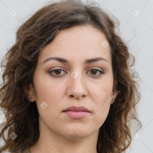 Neutral white young-adult female with long  brown hair and brown eyes