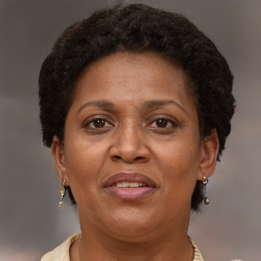 Joyful latino adult female with short  brown hair and brown eyes