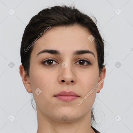 Neutral white young-adult female with short  brown hair and brown eyes