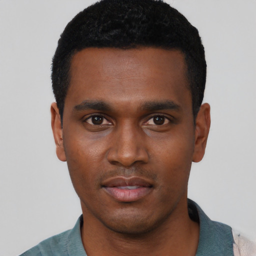 Neutral black young-adult male with short  black hair and brown eyes