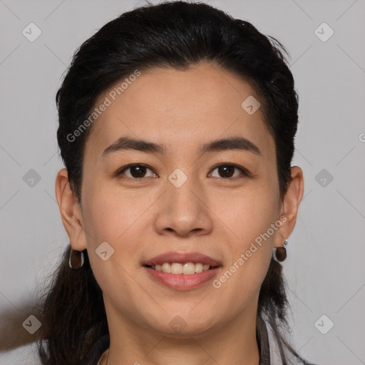 Joyful white young-adult female with medium  brown hair and brown eyes