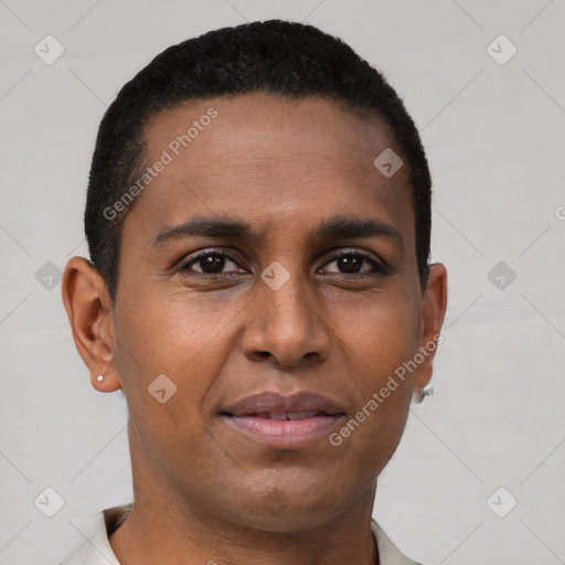 Neutral black young-adult male with short  brown hair and brown eyes