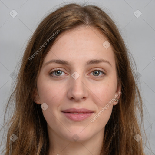 Joyful white young-adult female with long  brown hair and green eyes