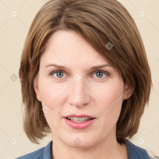 Joyful white young-adult female with medium  brown hair and blue eyes