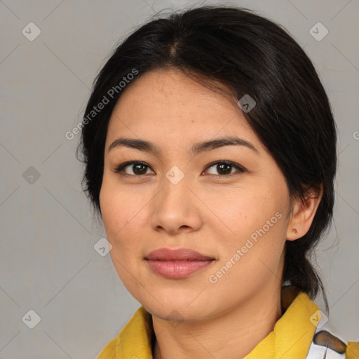 Joyful asian young-adult female with medium  brown hair and brown eyes