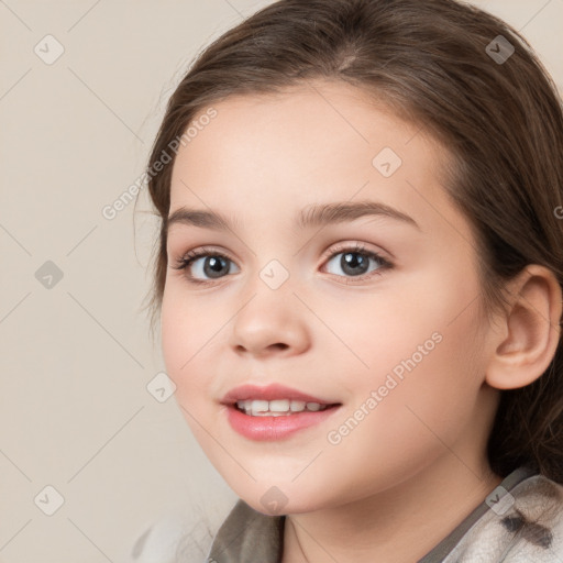 Joyful white child female with medium  brown hair and brown eyes