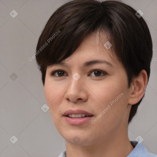 Joyful white young-adult female with medium  brown hair and brown eyes