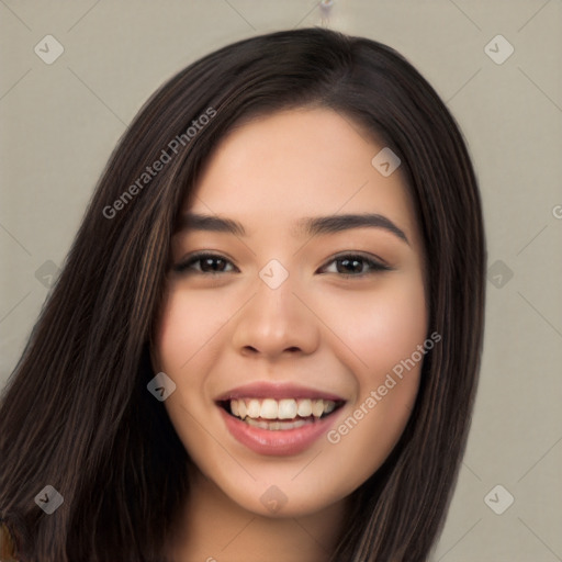 Joyful asian young-adult female with long  brown hair and brown eyes