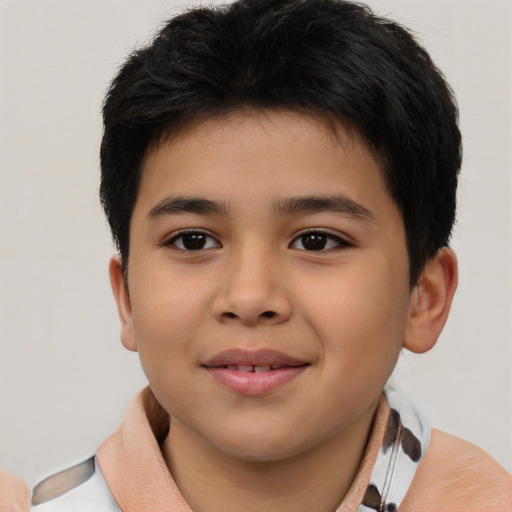 Joyful asian child male with short  brown hair and brown eyes