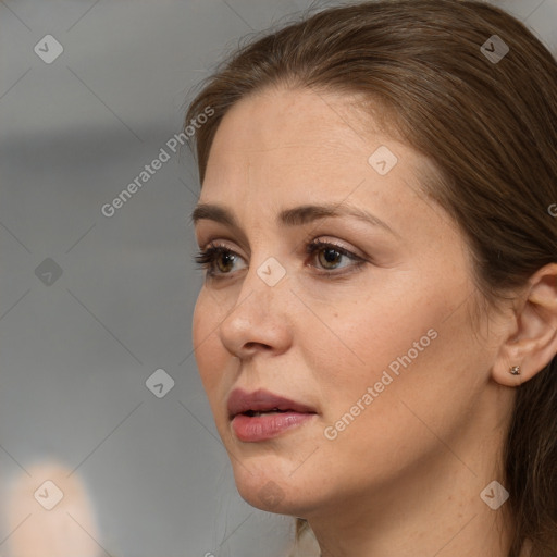 Neutral white young-adult female with medium  brown hair and brown eyes