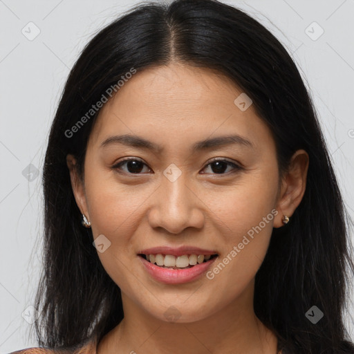 Joyful white young-adult female with long  brown hair and brown eyes