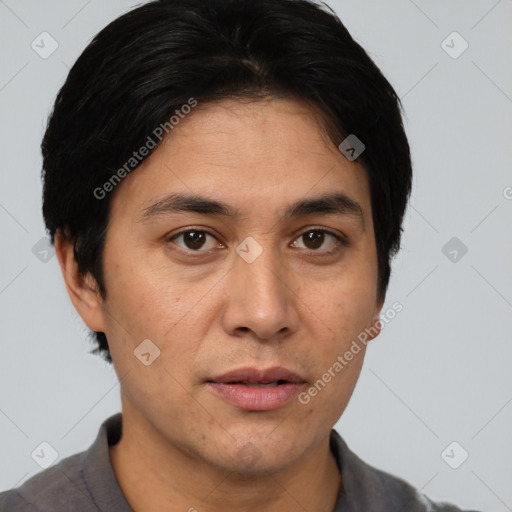 Neutral asian young-adult male with short  black hair and brown eyes