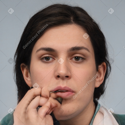 Neutral white young-adult female with medium  brown hair and brown eyes